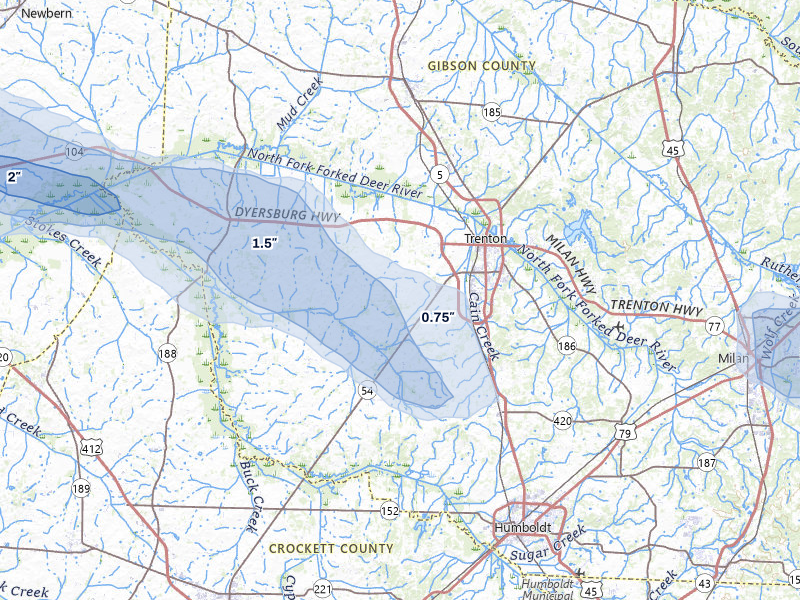 NEXRAD radar-signature map of the hail storm over Trenton, TN on Jul 11, 2026