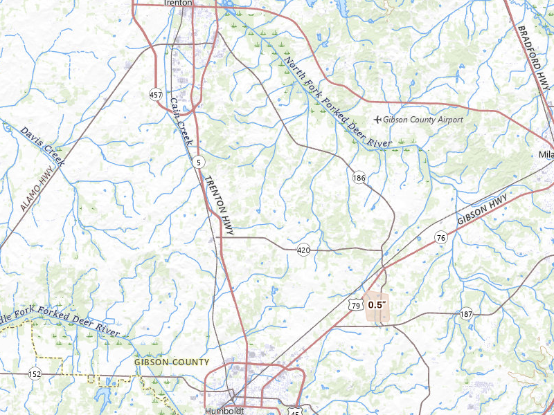 Radar-estimated hail-size map of the storm over Trenton, TN on Aug 27, 2026