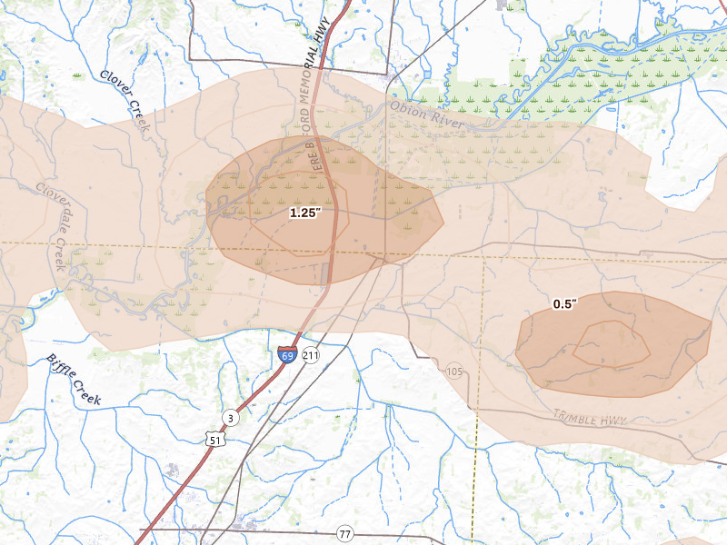 Radar-estimated hail-size map of the storm over Trimble, TN