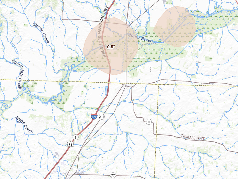 Radar-estimated hail-size map of the storm over Trimble, TN on Aug 26, 2026