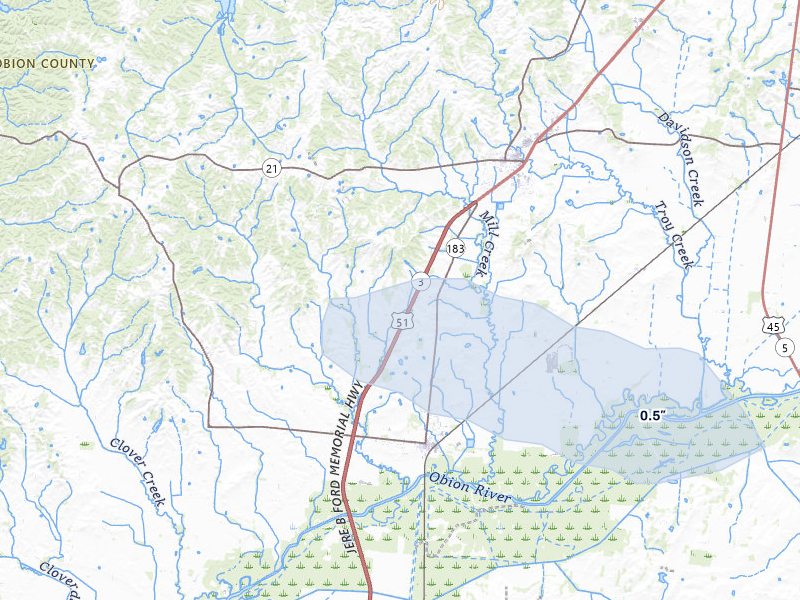 NEXRAD radar-signature map of the hail over Troy, TN