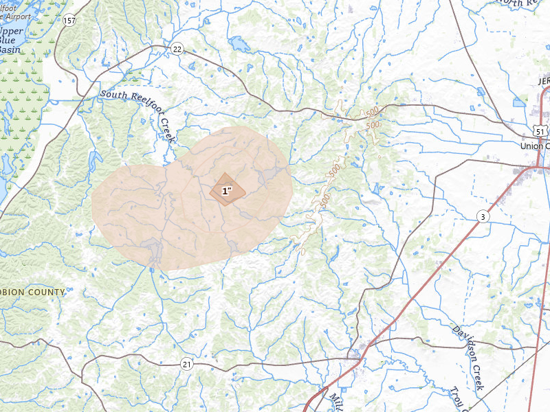 Radar-estimated hail-size map of the storm over Troy, TN on Aug 8, 2026