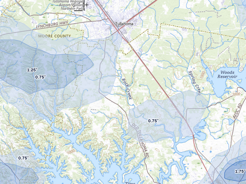 NEXRAD radar-signature map of the hail storm over Tullahoma, TN on Jul 3, 2026