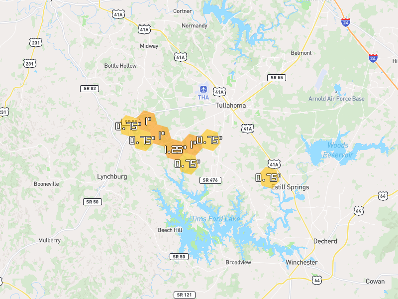 Hail map of Tullahoma, TN on Jul 3, 2026, hail up to 1.25"