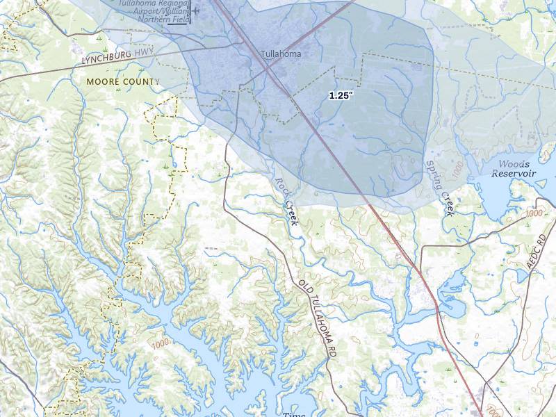 NEXRAD radar-signature map of the hail storm over Tullahoma, TN on Jul 11, 2026