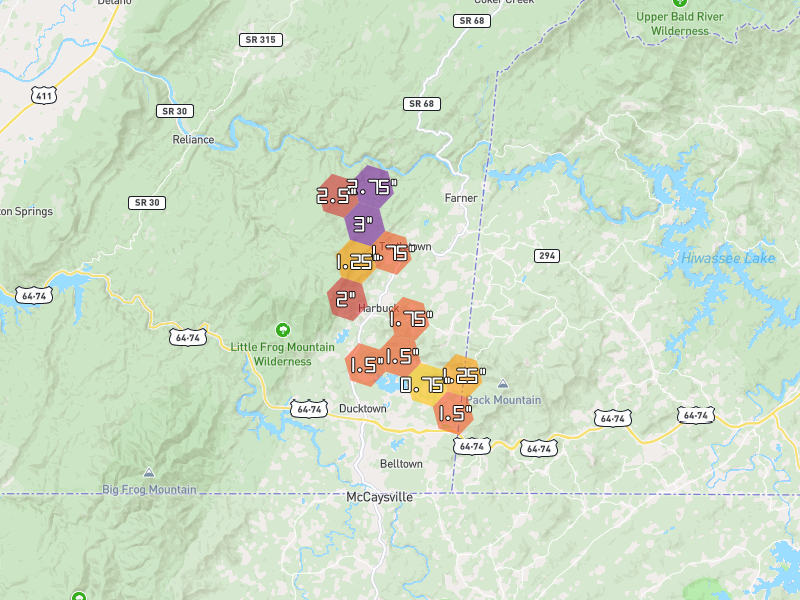 Hail map of Turtletown, TN on Jul 29, 2026, hail up to 3"