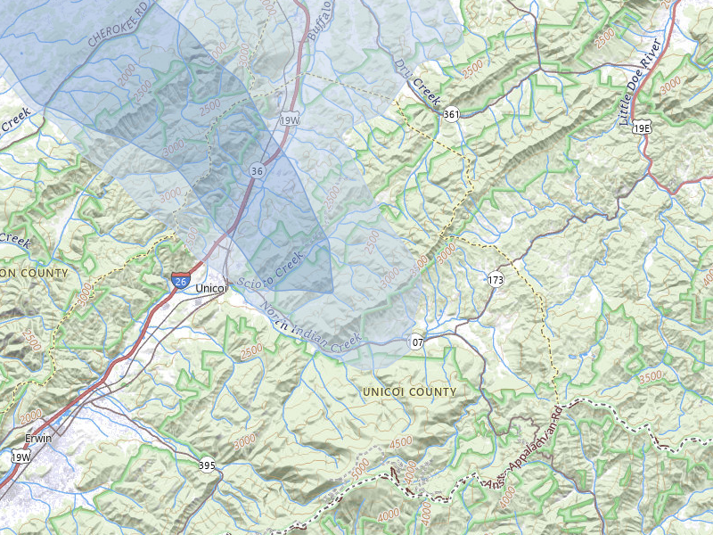 NEXRAD radar-signature map of the hail over Unicoi, TN