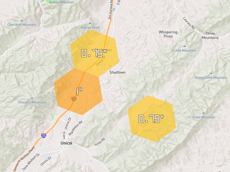 Hail map of Unicoi, TN on Jul 28, 2026, hail up to 1"