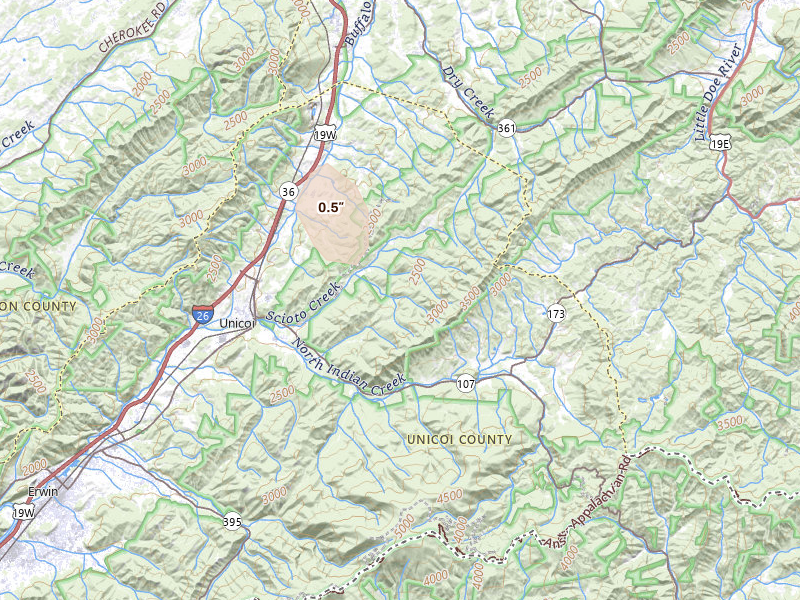Radar-estimated hail-size map of the storm over Unicoi, TN on Aug 4, 2026