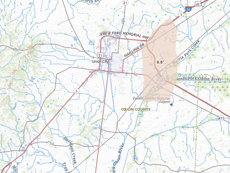 Radar-estimated hail-size map of the storm over Union City, TN on May 19, 2026