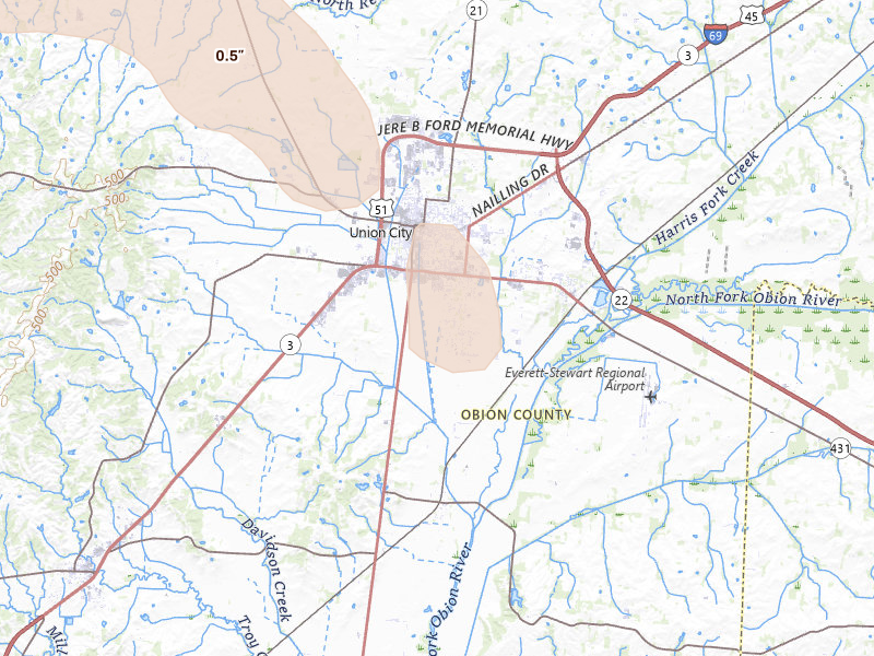 Radar-estimated hail-size map of the storm over Union City, TN on May 31, 2026