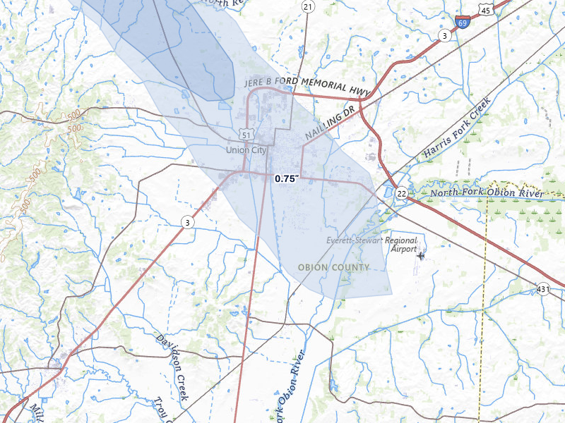 NEXRAD radar-signature map of the hail storm over Union City, TN on May 31, 2026