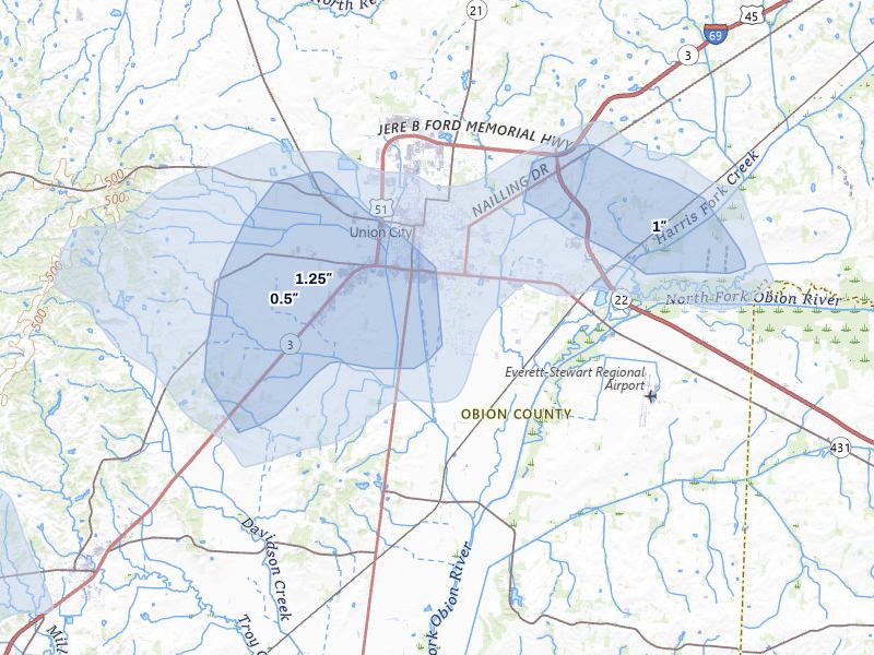 NEXRAD radar-signature map of the hail over Union City, TN