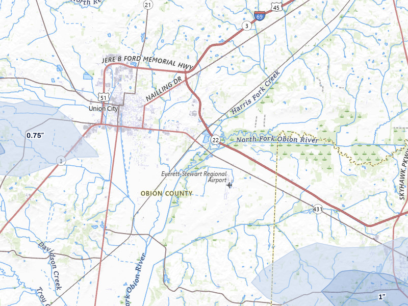 NEXRAD radar-signature map of the hail storm over Union City, TN on Jun 9, 2026
