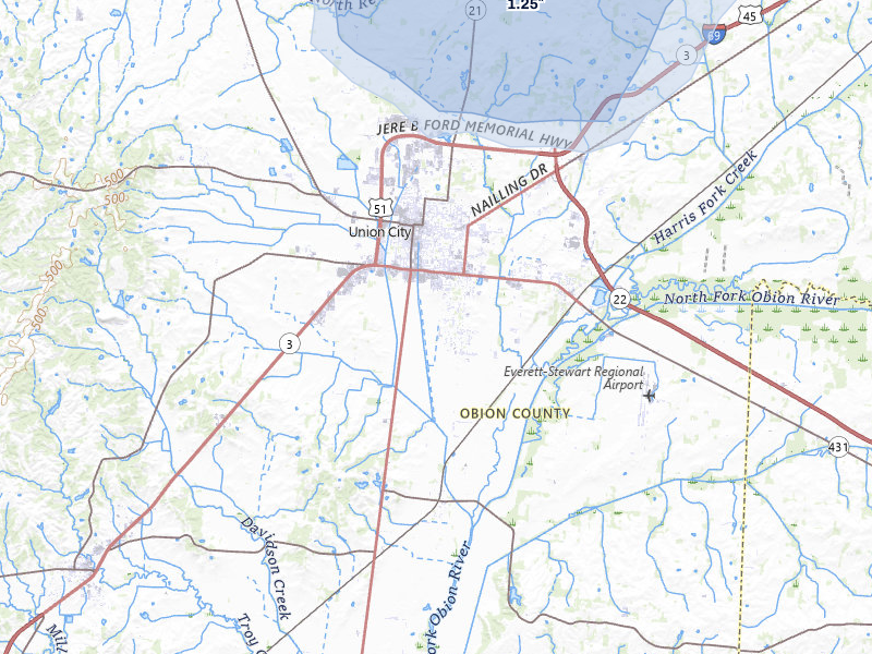NEXRAD radar-signature map of the hail over Union City, TN