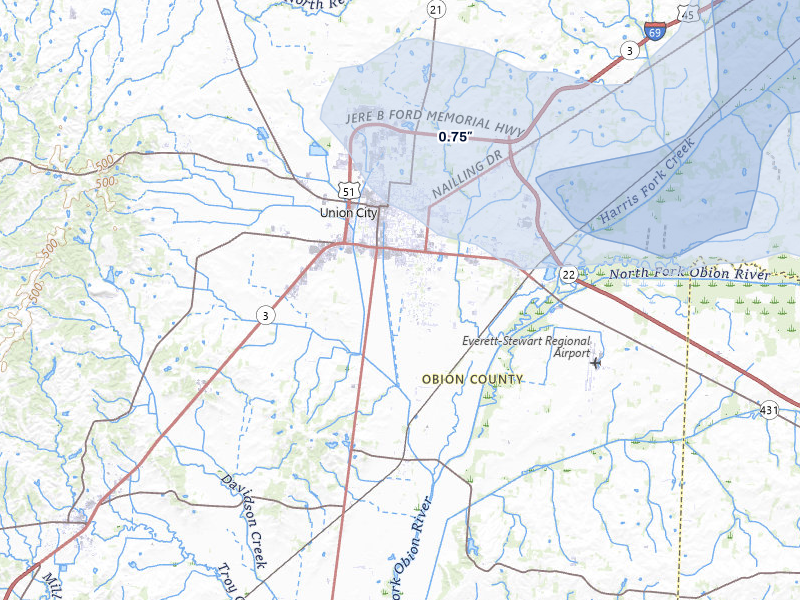 NEXRAD radar-signature map of the hail storm over Union City, TN on Jul 9, 2026