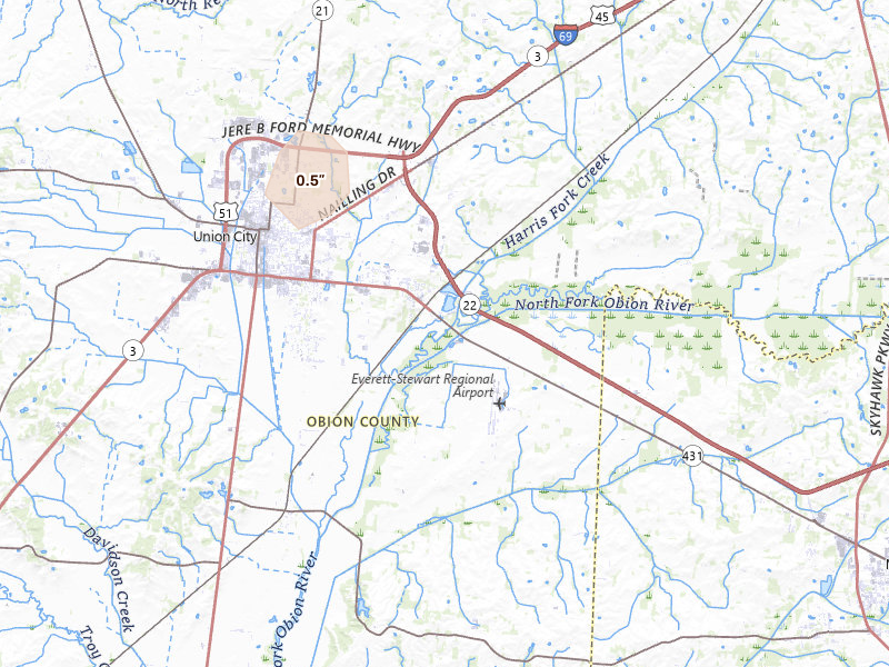 Radar-estimated hail-size map of the storm over Union City, TN on Aug 19, 2026