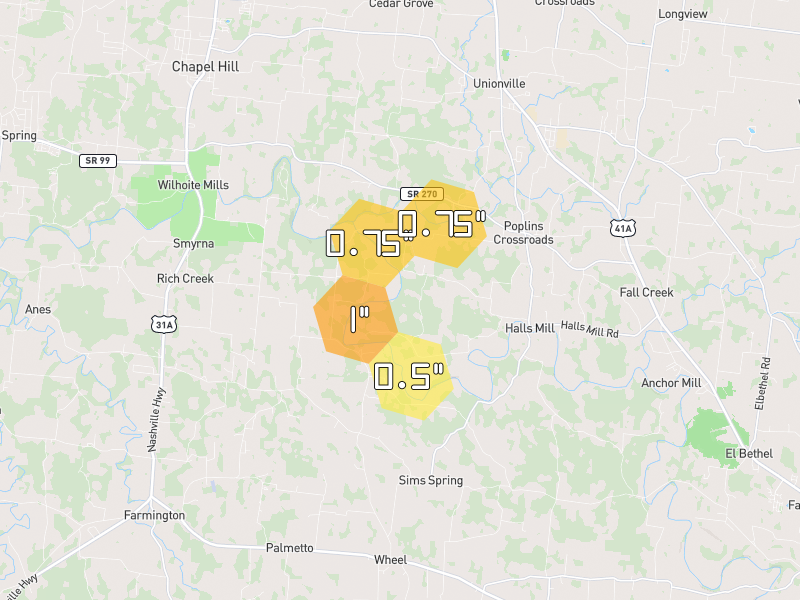 Hail map of Unionville, TN on Jul 5, 2026, hail up to 1"