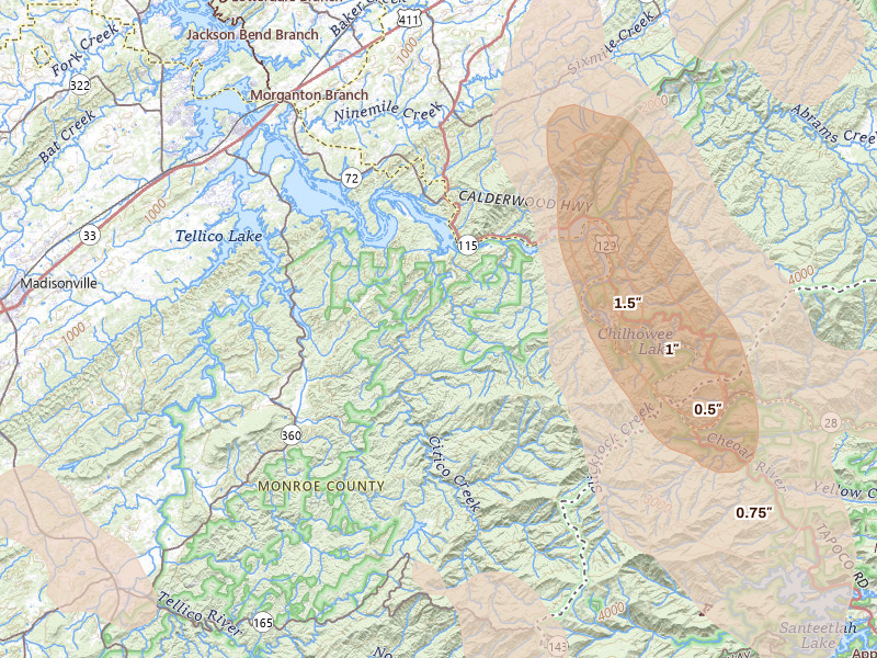 Radar-estimated hail-size map of the storm over Vonore, TN on Jul 28, 2026