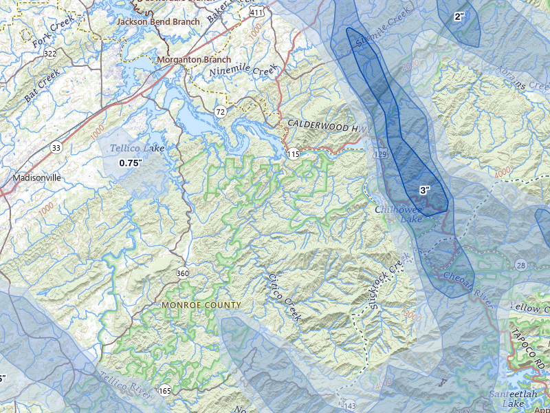 NEXRAD radar-signature map of the hail storm over Vonore, TN on Jul 28, 2026