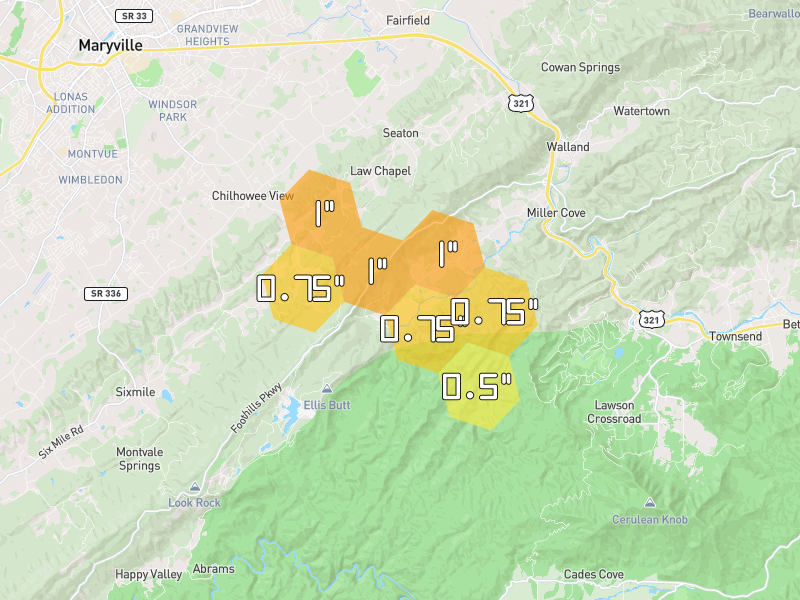 Hail map of Walland, TN on Jul 3, 2026, hail up to 1"
