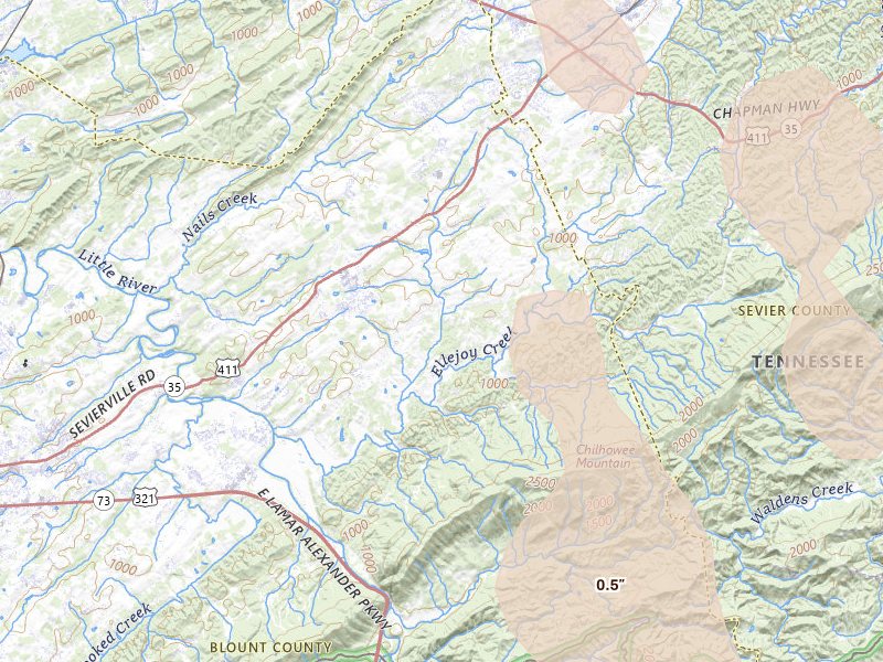 Radar-estimated hail-size map of the storm over Walland, TN on Jul 28, 2026