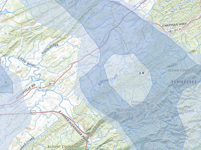NEXRAD radar-signature map of the hail storm over Walland, TN on Jul 28, 2026