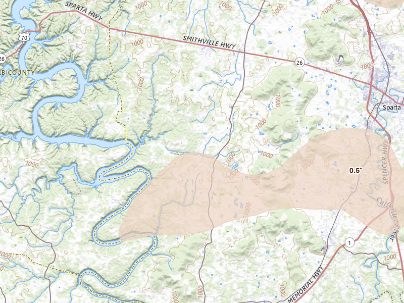 Radar-estimated hail-size map of the storm over Walling, TN on Jul 3, 2026