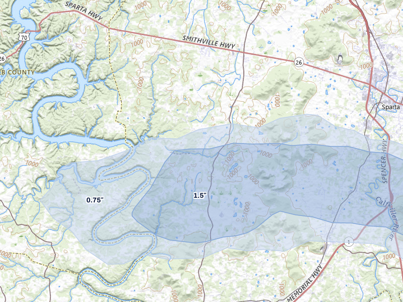 NEXRAD radar-signature map of the hail storm over Walling, TN on Jul 3, 2026