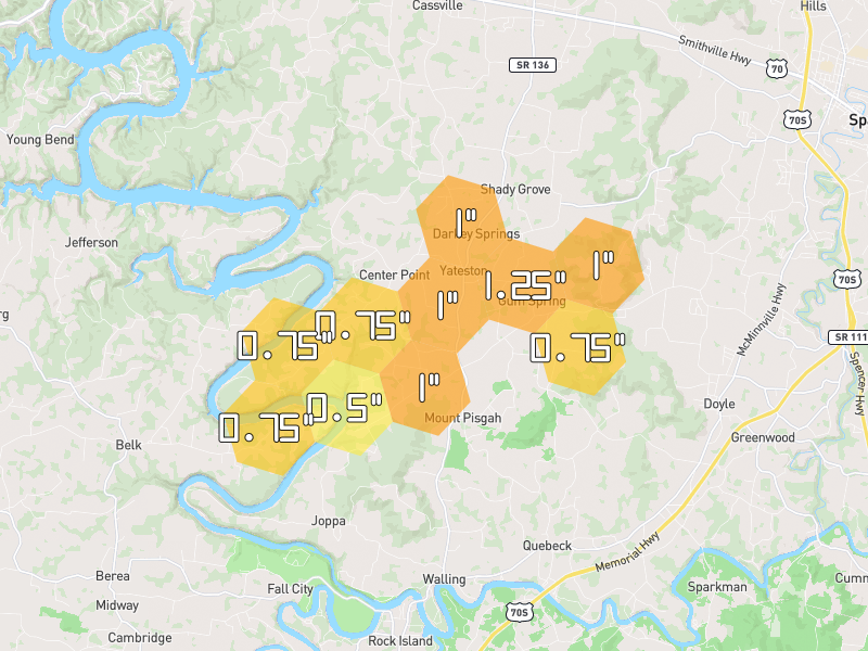 Hail map of Walling, TN on Jul 3, 2026, hail up to 1.25"