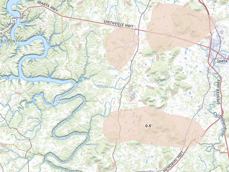 Radar-estimated hail-size map of the storm over Walling, TN on Aug 17, 2026