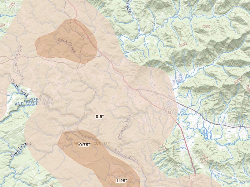 Radar-estimated hail-size map of the storm over Wartburg, TN on Jul 3, 2026