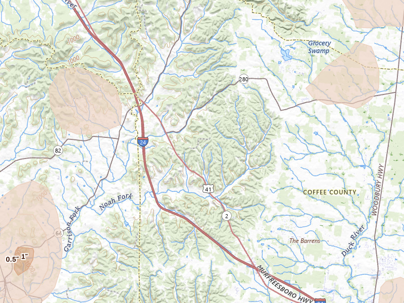 Radar-estimated hail-size map of the storm over Wartrace, TN on Jul 5, 2026