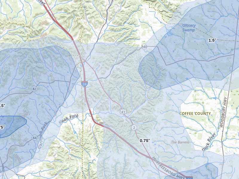 NEXRAD radar-signature map of the hail storm over Wartrace, TN on Jul 5, 2026