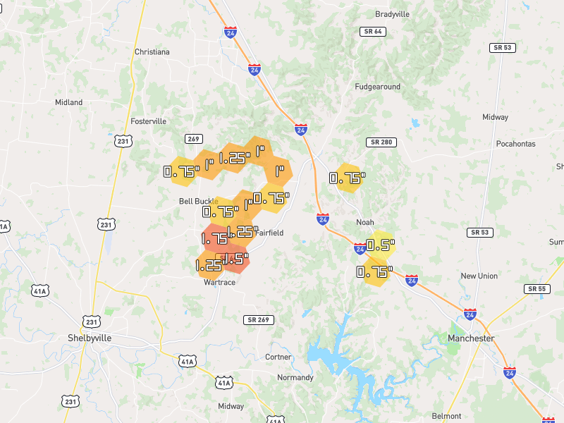 Hail map of Wartrace, TN on Jul 5, 2026, hail up to 1.75"