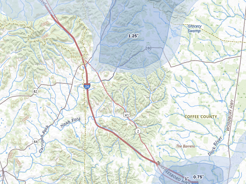 NEXRAD radar-signature map of the hail storm over Wartrace, TN on Jul 11, 2026