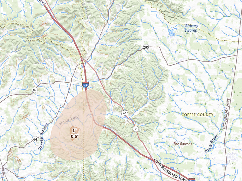 Radar-estimated hail-size map of the storm over Wartrace, TN on Aug 8, 2026