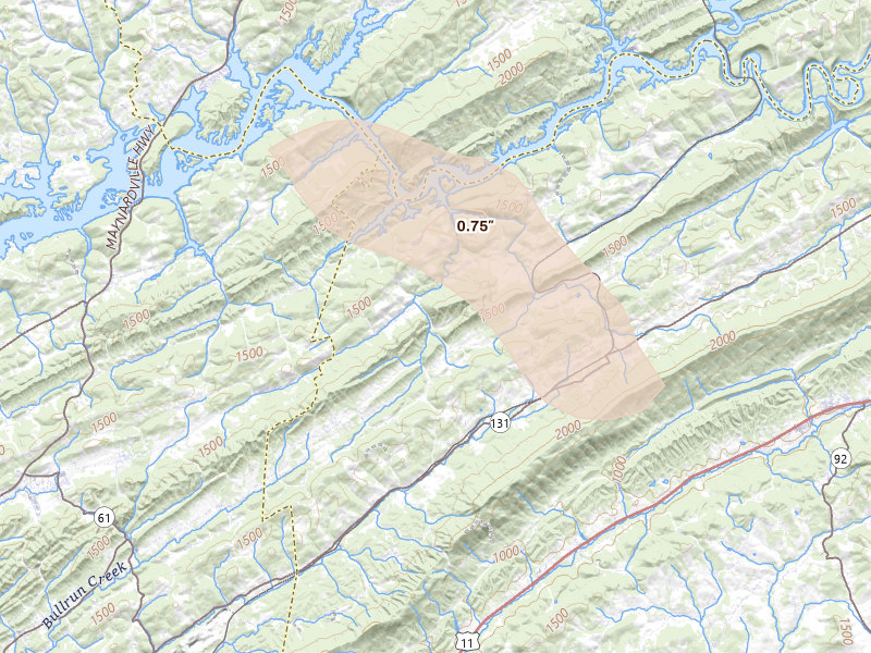 Radar-estimated hail-size map of the storm over Washburn, TN on Mar 21, 2026