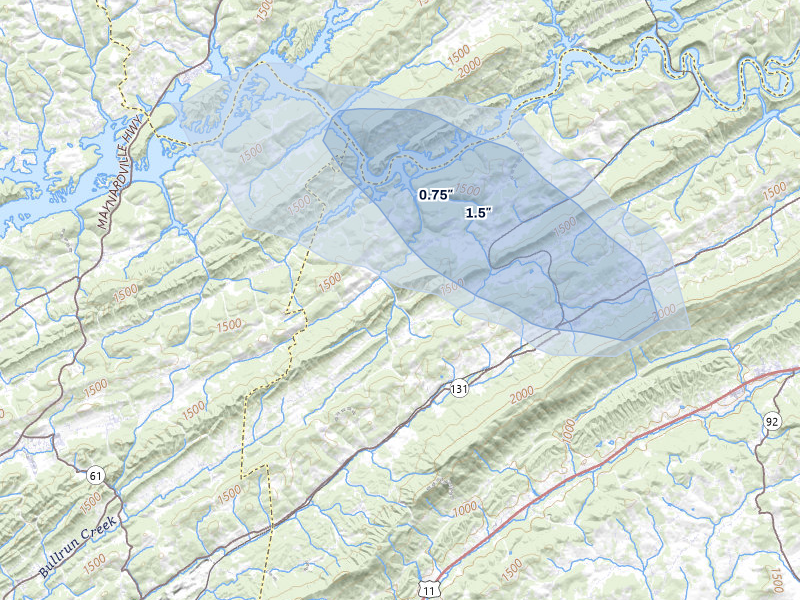 NEXRAD radar-signature map of the hail storm over Washburn, TN on Mar 21, 2026