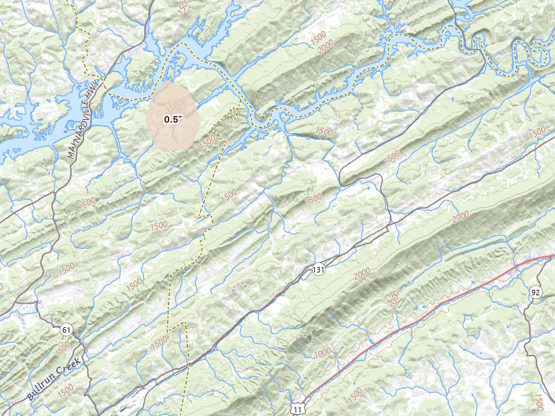 Radar-estimated hail-size map of the storm over Washburn, TN on Jul 26, 2026