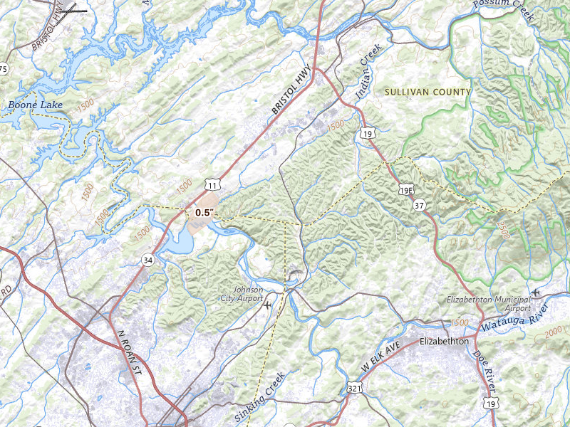 Radar-estimated hail-size map of the storm over Watauga, TN on Jun 18, 2026