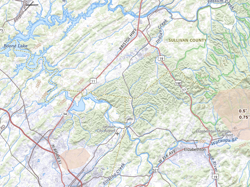 Radar-estimated hail-size map of the storm over Watauga, TN on Jul 4, 2026