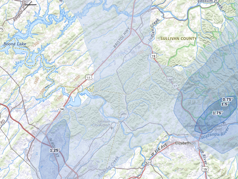 NEXRAD radar-signature map of the hail over Watauga, TN