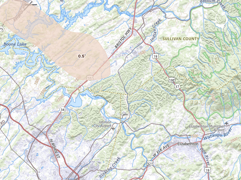 Radar-estimated hail-size map of the storm over Watauga, TN on Jul 28, 2026