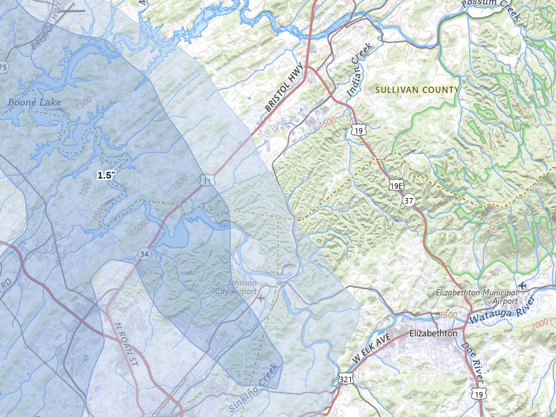 NEXRAD radar-signature map of the hail storm over Watauga, TN on Jul 28, 2026