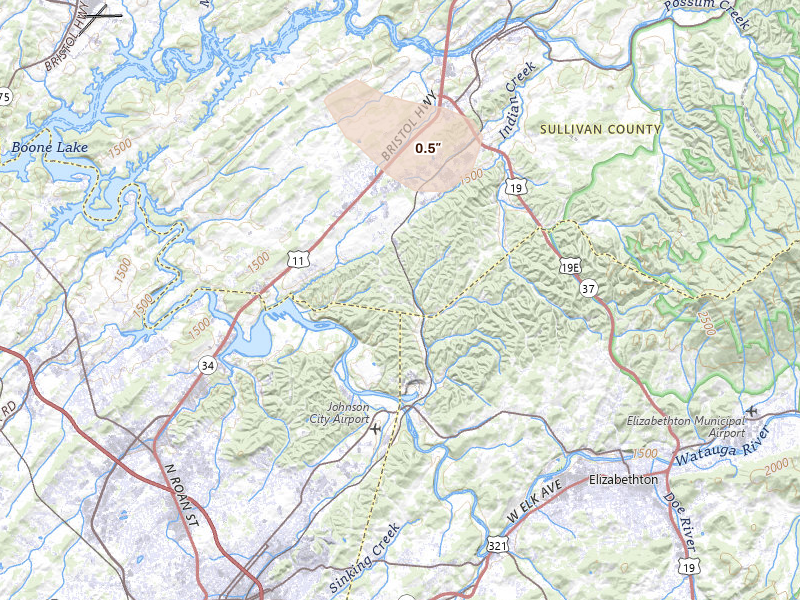 Radar-estimated hail-size map of the storm over Watauga, TN on Aug 17, 2026