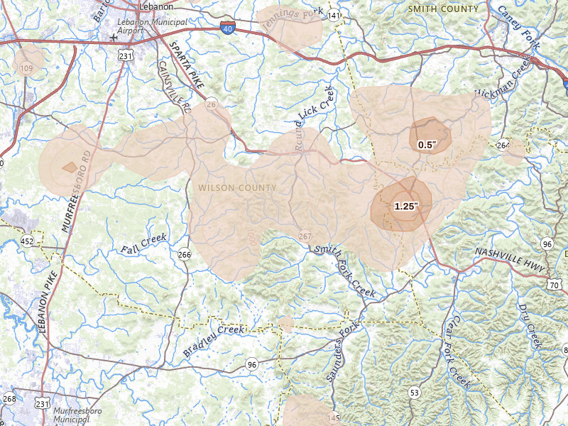 Radar-estimated hail-size map of the storm over Watertown, TN on Jul 3, 2026