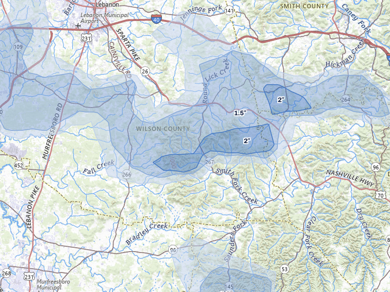 NEXRAD radar-signature map of the hail over Watertown, TN