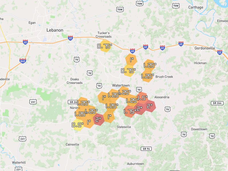 Hail map of Watertown, TN on Jul 3, 2026, hail up to 2"