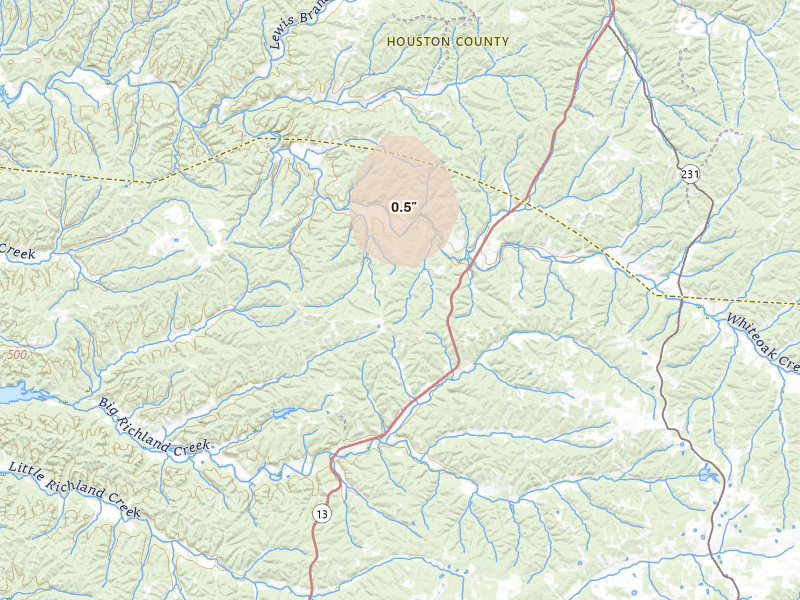 Radar-estimated hail-size map of the storm over Waverly, TN on Apr 27, 2026
